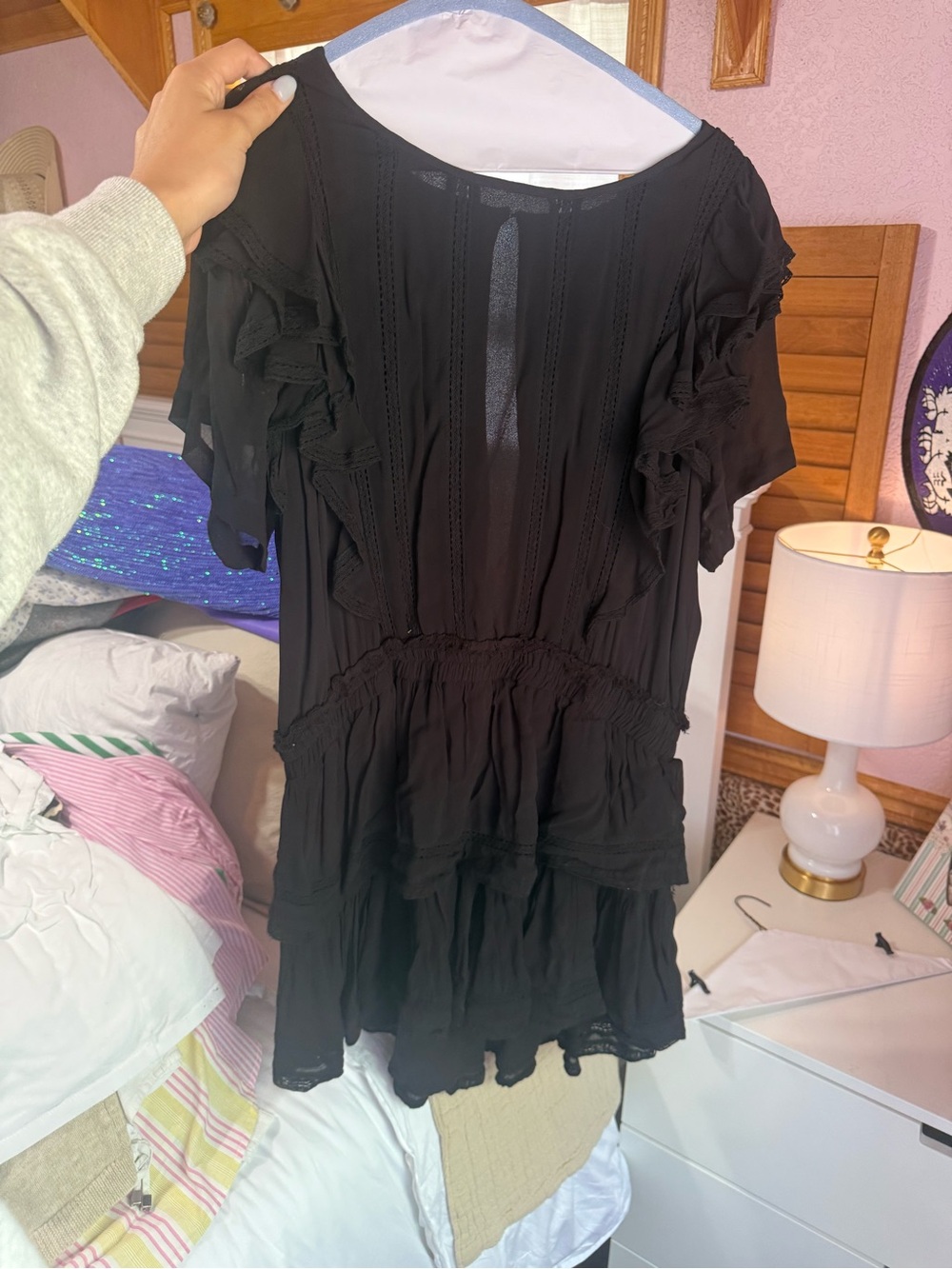 LoveShackFancy Black Ruffle-Trim Mini Dress
